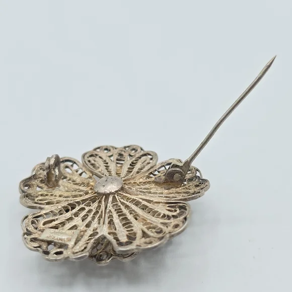 VTG Mexico Silver Filigree Flower Brooch Pin Layered Floral 1.75" REPAIR - Picture 10 of 12